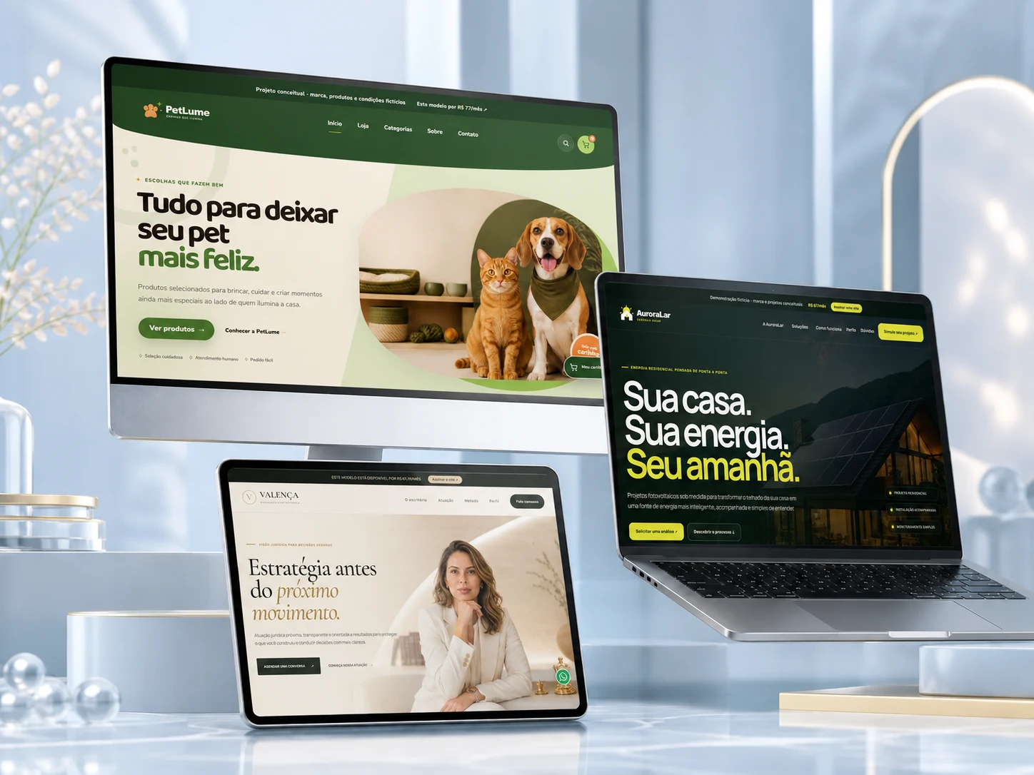 Sites profissionais para pet shop, energia solar e advocacia apresentados em diferentes dispositivos