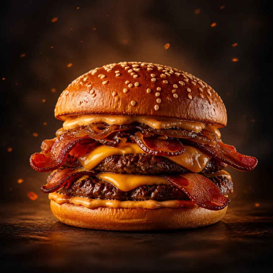 Hambúrguer Bacon Melt com duas carnes, cheddar, bacon e cebola caramelizada