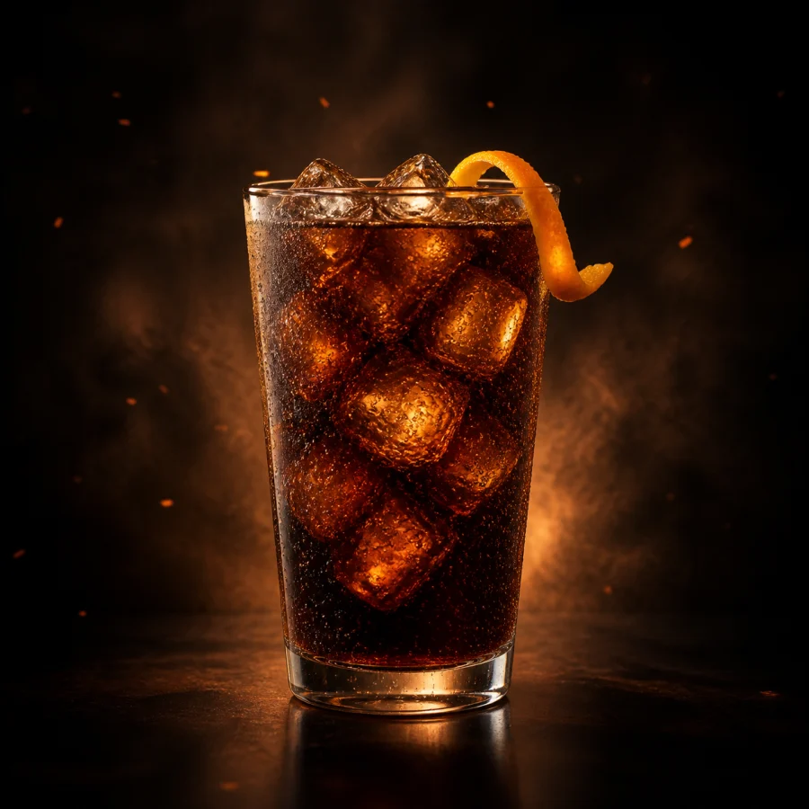 Copo alto de refrigerante de cola com gelo e casca de laranja