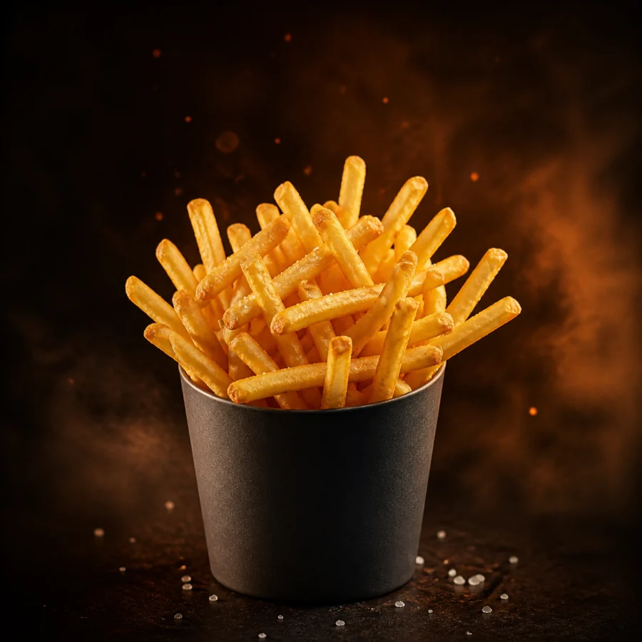 Porção de batatas fritas finas e douradas em embalagem preta