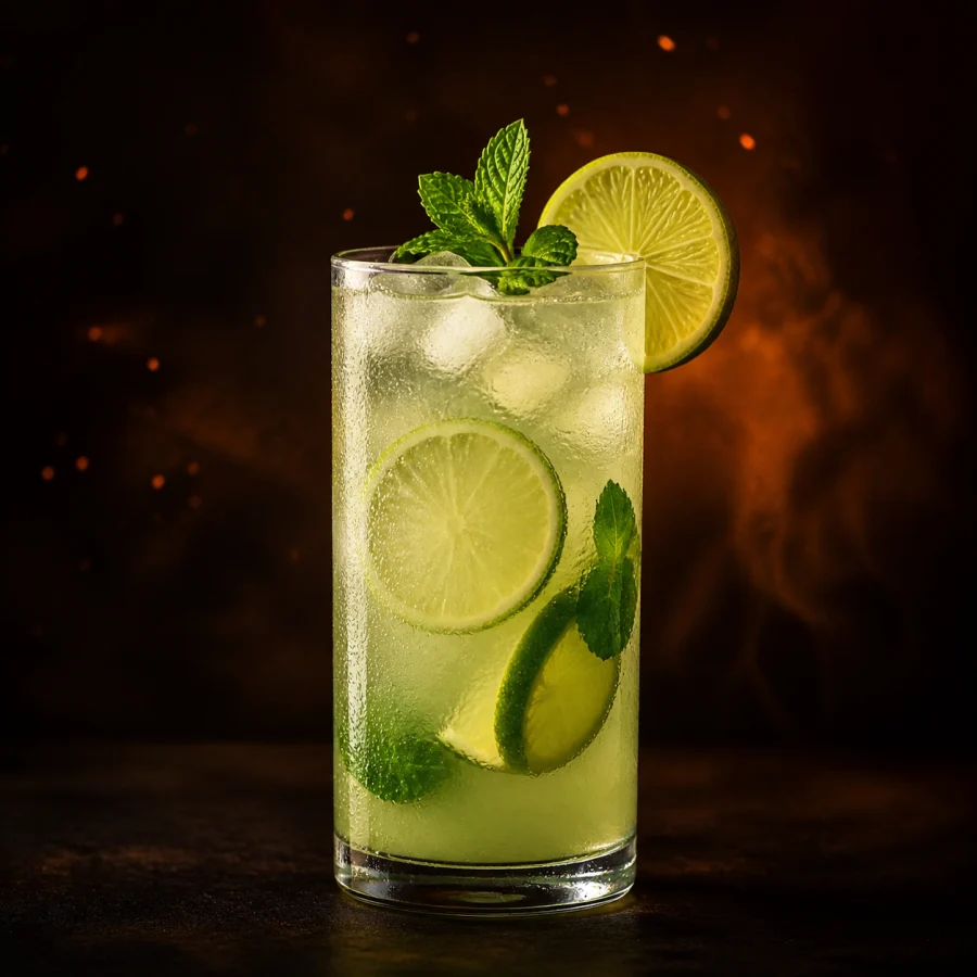 Copo alto de limonada com gelo, rodelas de limão e hortelã