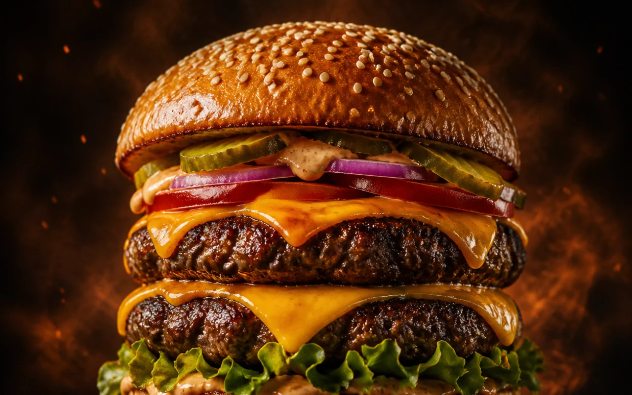 Delivery conceitual Brasa Burger com hambúrguer artesanal em atmosfera escura e âmbar