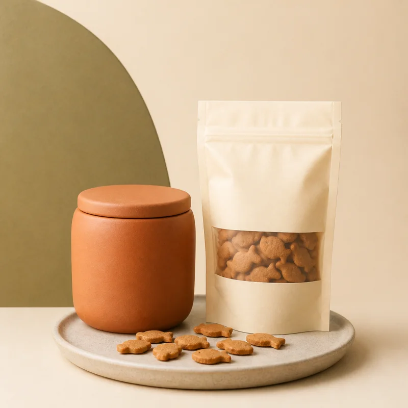 Pote terracota e embalagem creme com biscoitos para gatos em formato de peixe