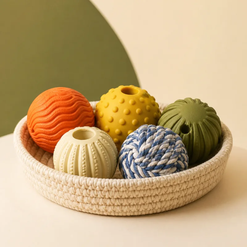Cesta com cinco bolinhas coloridas e texturizadas para pets