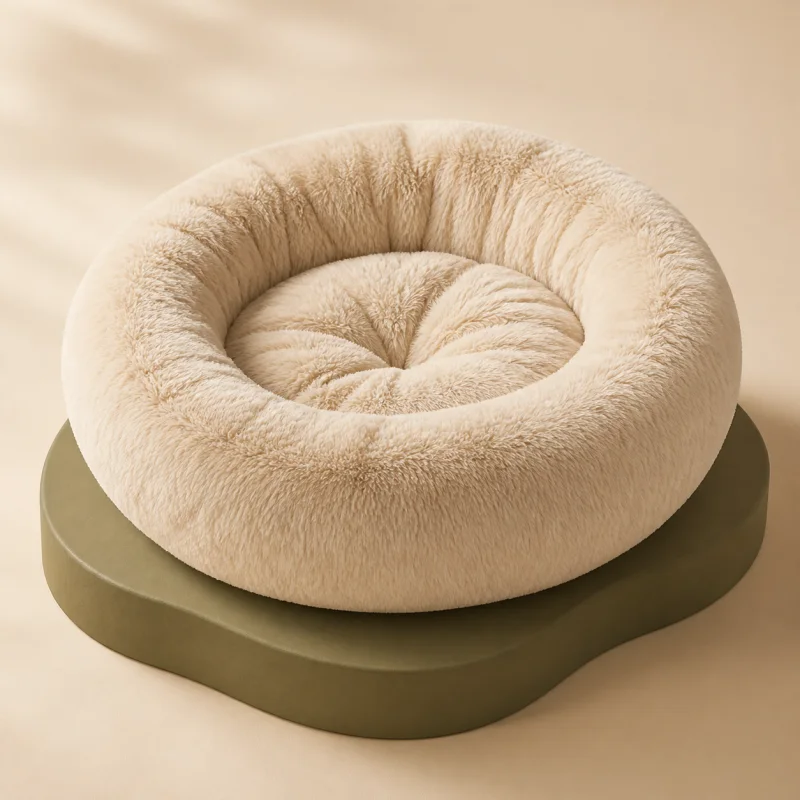 Cama redonda e felpuda para pets na cor creme