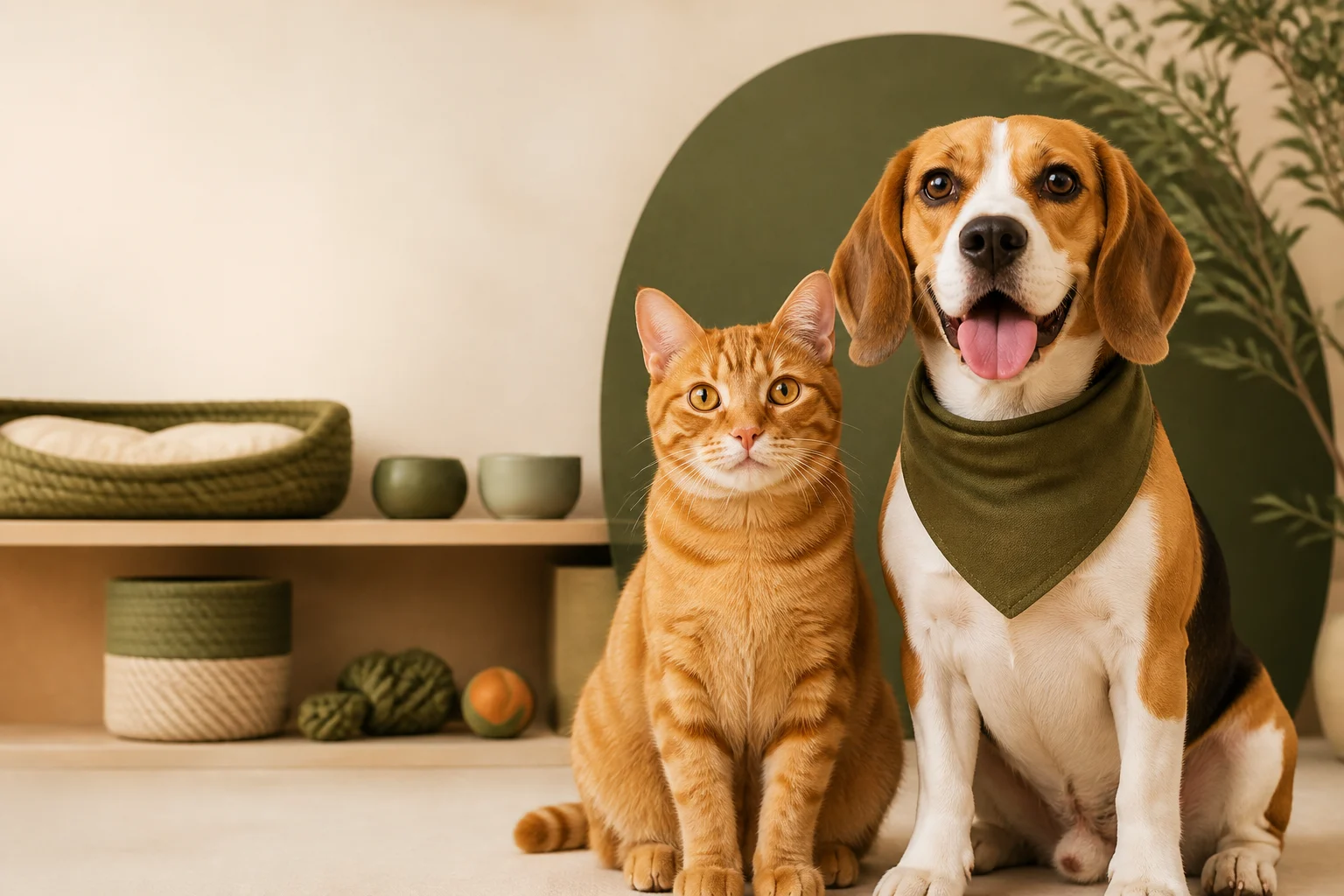 Beagle e gato laranja em um ambiente acolhedor de pet shop
