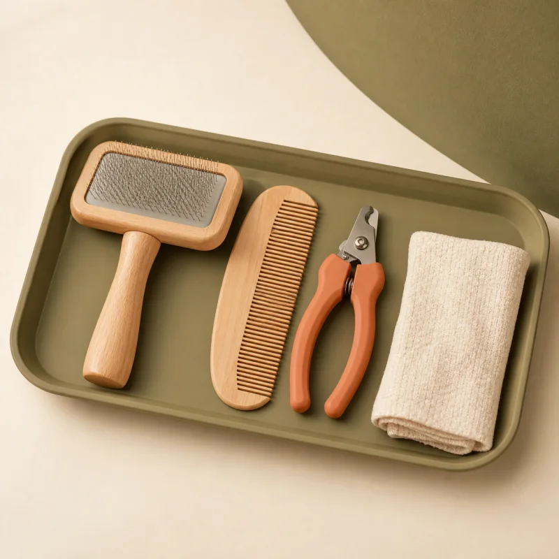Kit pet com escova, pente, cortador de unhas e toalha em bandeja verde