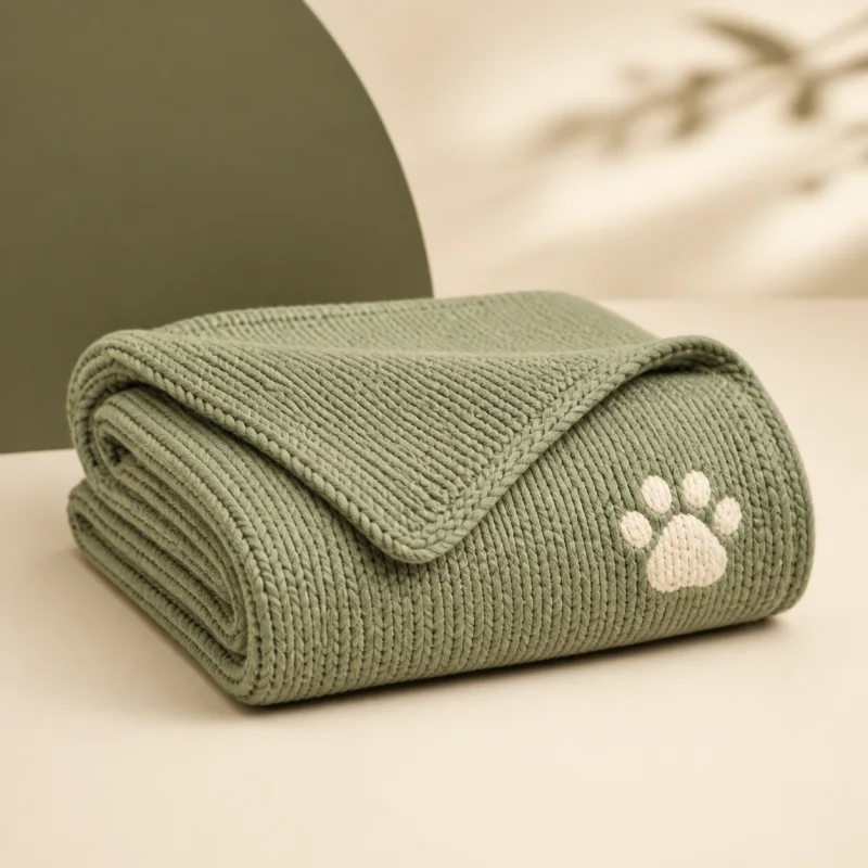 Manta pet de tricô verde-sálvia com detalhe de pata creme