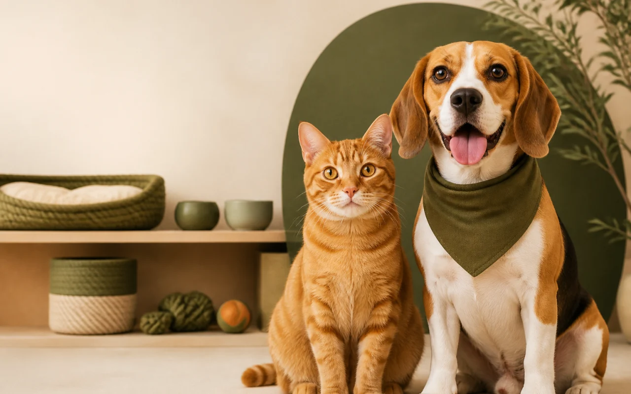 Mini e-commerce conceitual PetLume com beagle e gato laranja