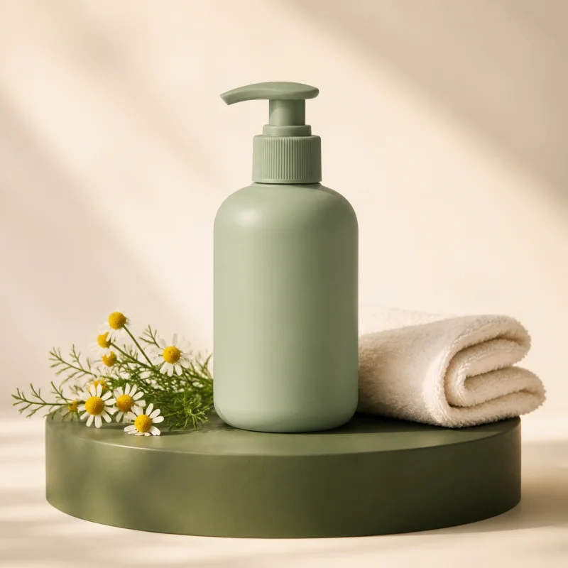 Frasco verde-sálvia de shampoo pet com camomila e toalha creme