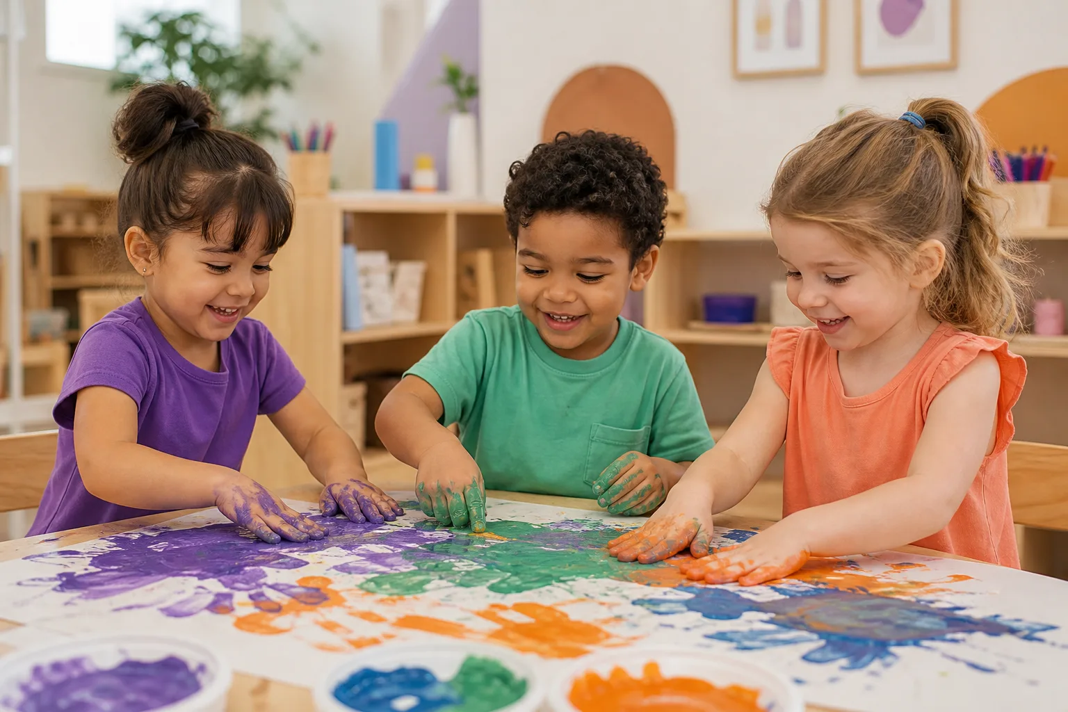 Três crianças criando uma pintura colorida juntas