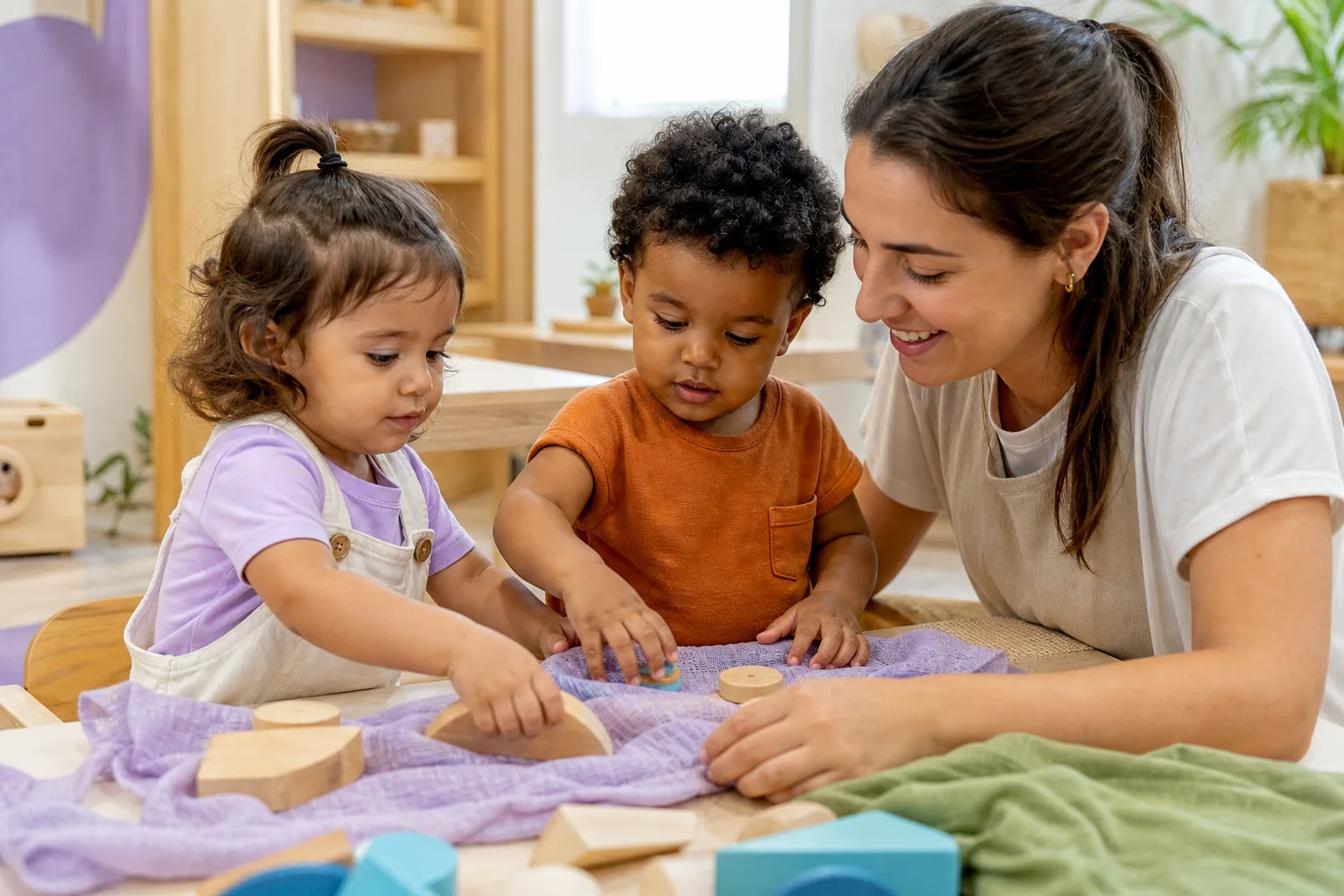 Crianças pequenas explorando formas e texturas com uma educadora