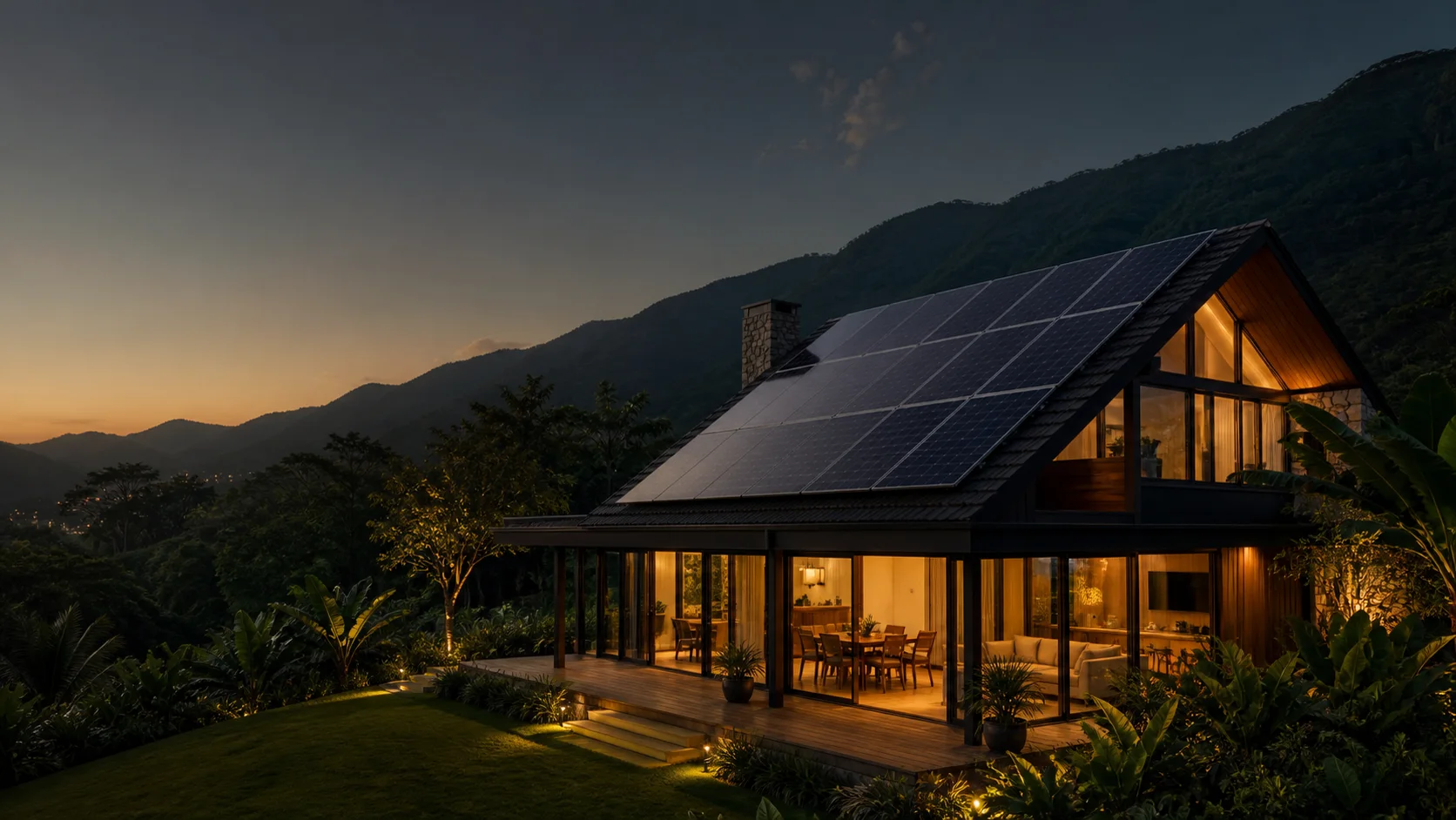 Página conceitual AuroraLar Energia Solar com residência e painéis solares