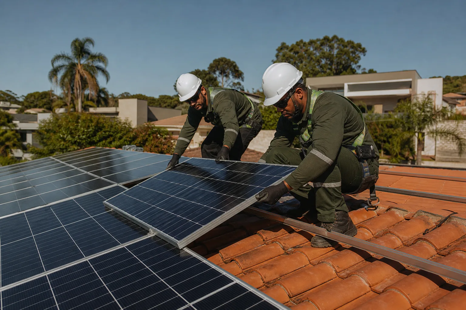Técnicos com equipamentos de segurança instalando painéis solares em uma casa