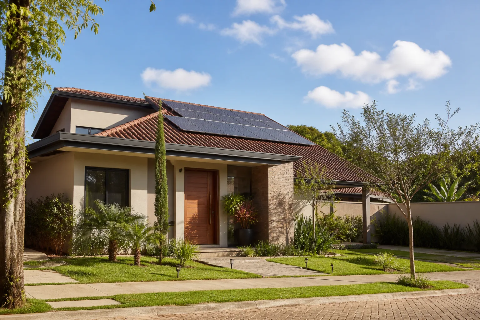 Residência brasileira com painéis solares integrados ao telhado